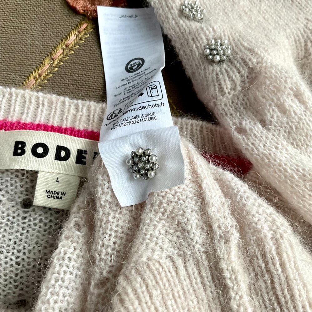 Boden Sweater Wool Mohair Crew Neck Gem Cuff Buttons Beige (L) - Picture 7 of 8